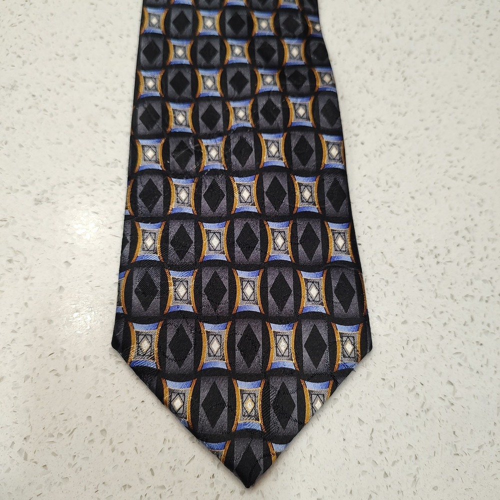 JOS A BANK Geometric Blue Black Gold SILK NECKTIE 60"x3.5" Business Formal